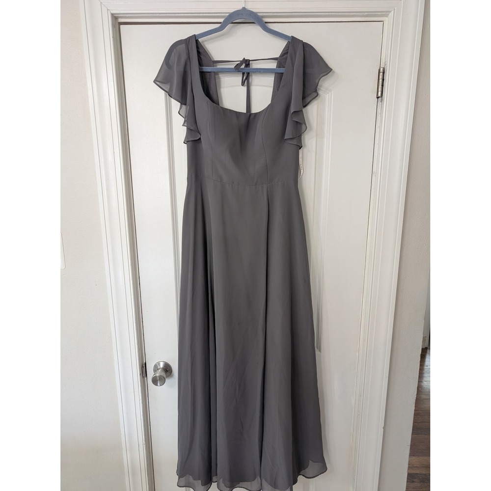 Azazie Gray Chiffon Flutter Sleeve Square Neck Maxi Bridesmaid Formal Dress 10